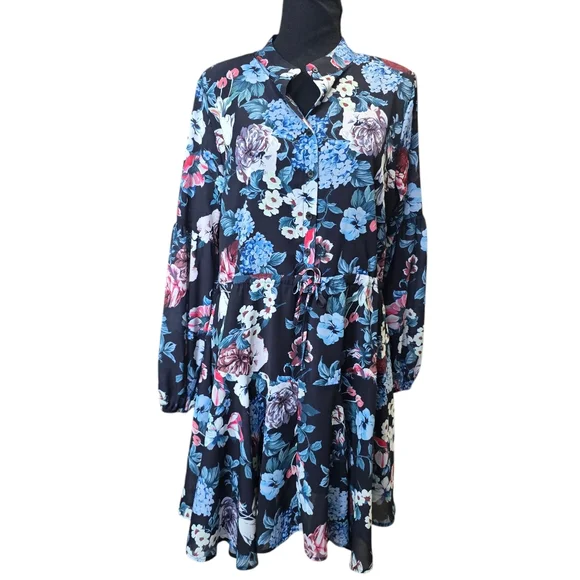 ⭐️Clarisbelle Floral Chiffon Long Sleeve Button Up Tied Waist Dress Sz M - Picture 2 of 7